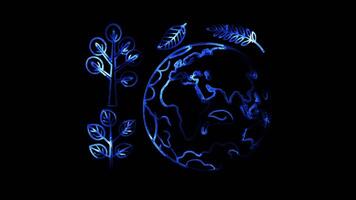 Glowing looping World environment Day logo with Earth and greenery. neon frame effect, black background. video