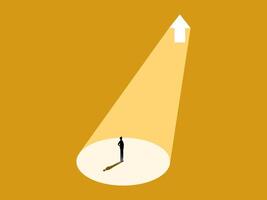 See opportunities for growth. Businessman standing in spotlight with growth arrow vector