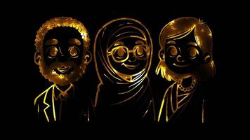Glowing looping World environment Day portraits of famous environmentalists . neon frame effect, black background. video