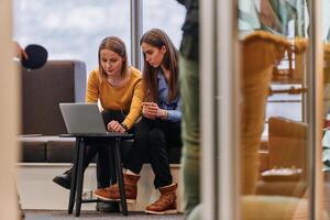 Business Colleagues Reviewing Work on Laptop During Break photo