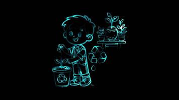Glowing looping World environment Day child planting a tree. neon frame effect, black background. video