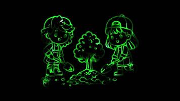 Glowing looping World environment Day child planting a tree. neon frame effect, black background. video