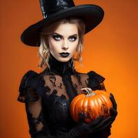 Photo Smiling Woman Dressed as Witch for halloween day with evil pumpkins