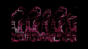 Glowing looping World environment Day factory emitting pollution. neon frame effect, black background. video