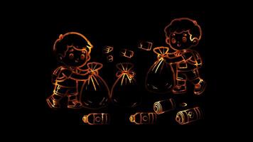 Glowing looping World environment Day children helping to clean up trash . neon frame effect, black background. video