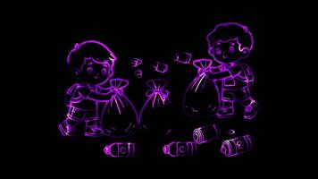 Glowing looping World environment Day children helping to clean up trash . neon frame effect, black background. video