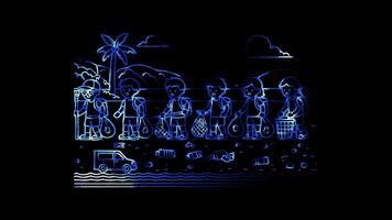 Glowing looping World environment Day volunteers participating in a beach. neon frame effect, black background. video