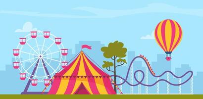 Amusement park composition with outdoor scenery and view of circus, rollercoaster and ferris wheel. illustration. vector