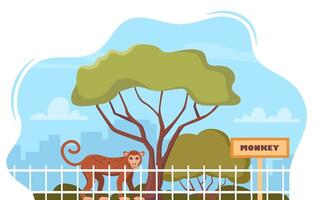 Monkey on territory of wildlife zoo park surrounded by fence. illustration. vector