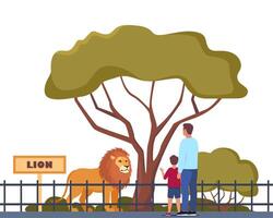 Lion on territory of wildlife zoo park surrounded by fence. Parent and kid watching animals in zoo park. illustration. vector