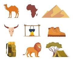 Africa and Safari elements and icons. Dunes, safari jeep, boots, tree, African map, lion. . vector