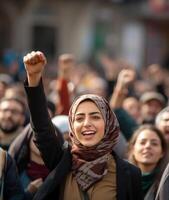 A group of Muslim women wearing hijabs is captured in a demonstration, symbolizing their collective struggle and advocacy for the rights of Muslims worldwide, emphasizing themes of photo