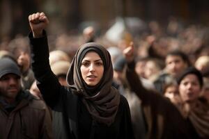 A group of Muslim women wearing hijabs is captured in a demonstration, symbolizing their collective struggle and advocacy for the rights of Muslims worldwide, emphasizing themes of photo