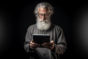 Elderly man with a beard engages with modern technology, using a tablet against a black backdrop, symbolizing the intersection of age and digital connectivity in the contemporary era photo