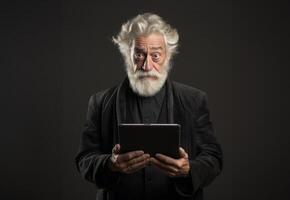 Elderly man with a beard engages with modern technology, using a tablet against a black backdrop, symbolizing the intersection of age and digital connectivity in the contemporary era photo