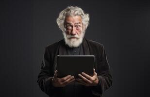 Elderly man with a beard engages with modern technology, using a tablet against a black backdrop, symbolizing the intersection of age and digital connectivity in the contemporary era photo