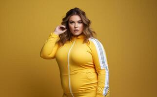 A plus-size woman in yellow activewear commands attention on a yellow mat, radiating strength and determination. Generated image photo