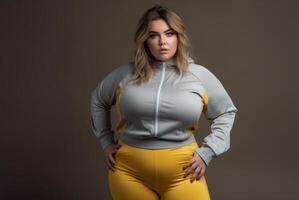A plus-size woman in yellow activewear commands attention on a grey mat, radiating strength and determination. Generated image photo