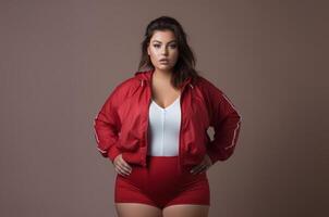 A plus-size woman in red sportswear poses confidently against a red backdrop, radiating strength and determination.Generated image photo