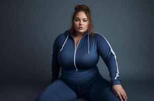 A plus-size woman in blue workout clothes strikes a pose of strength and determination on a blue mat.Generated image photo