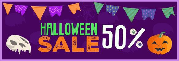 Halloween Horizontal banner Sale 50. Pumpkin Skull and triangular old flags. Design for print banner for holiday discount in offline magazine vector