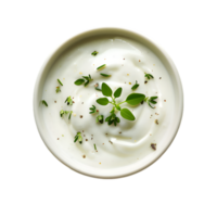 Creamy sauce with herb garnish in wooden bowl isolated on a transparent background png