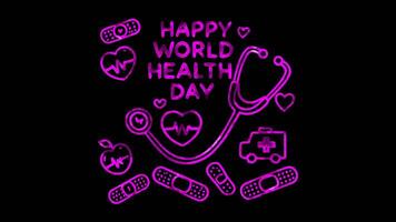 Glowing looping world health Day World Health Day message with health symbols. neon frame effect, black background. video