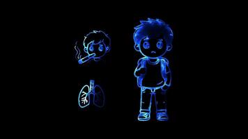 Glowing looping world no tobacco Day showing the health risks of tobacco. neon frame effect, black background. video