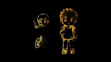 Glowing looping world no tobacco Day showing the health risks of tobacco. neon frame effect, black background. video