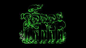 Glowing looping world no tobacco Day people supporting each other to quit smoking. neon frame effect, black background. video
