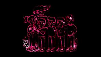 Glowing looping world no tobacco Day people supporting each other to quit smoking. neon frame effect, black background. video