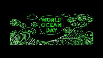 Glowing looping world world ocean Day World Ocean Day message and ocean scenery. neon frame effect, black background. video