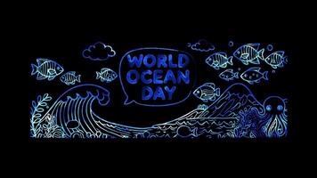 Glowing looping world world ocean Day World Ocean Day message and ocean scenery. neon frame effect, black background. video