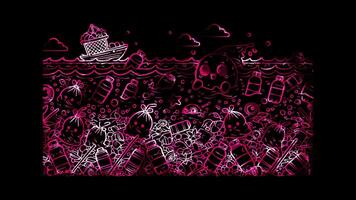 Glowing looping world world ocean Day plastic waste in the ocean. neon frame effect, black background. video