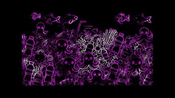 Glowing looping world world ocean Day plastic waste in the ocean. neon frame effect, black background. video