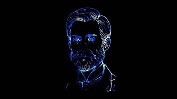 Glowing looping world world ocean Day portrait of Henry Dunant. neon frame effect, black background. video