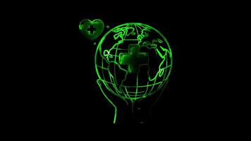 Glowing looping world world ocean Day Red Cross logo with a globe and heart. neon frame effect, black background. video