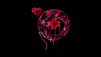 Glowing looping world world ocean Day Red Cross logo with a globe and heart. neon frame effect, black background. video