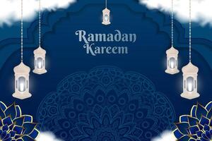 Ramadan Kareem Islamic blue color background with element vector
