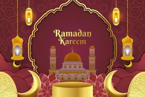 Ramadan Kareem background Islamic with mosque and red color vector