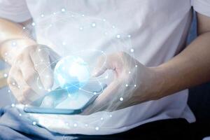 Graphic, floating globe, light line, trading links, systematic communication. photo