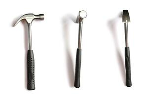 Traditional curved-claw hammer tool with black plastic handle viewed from the side horizontally. photo
