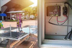 working solar station photovoltaic panels,Transformer is a front view. photo