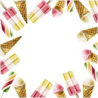 Frame with Ice cream in crispy waffle cone, lolly with strawberry, mint, vanilla, raspberry. Hand painting fruit popsicle watercolor illustration isolated on background. For designers, menu, shop, de vector