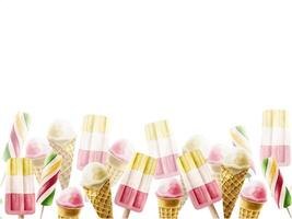 Seamless frame, border with Ice cream in crispy waffle cone, lolly with strawberry, mint, vanilla, raspberry. Hand painting fruit popsicle watercolor illustration isolated on vector