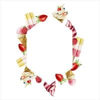 Frame, template, logo with popsicle, soft strawberry, cherry, raspberry ice cream and crispy waffle cones. Hand painting sweet watercolor illustration isolated on background. For designers, menu, vector