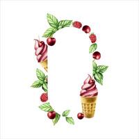 Frame, logo, template with cherry soft ice cream in crispy waffle cone with fresh berries. Hand painting sweet watercolor illustration isolated on background. For designers, menu, shop, vector