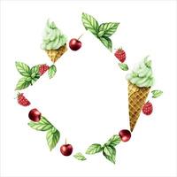 Frame, logo, template with cherry soft ice cream in crispy waffle cone with fresh berries, mint. Hand painting sweet watercolor illustration isolated on background. F vector