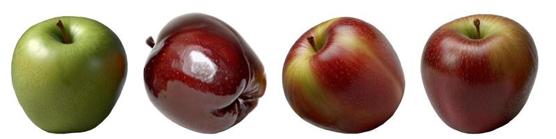 The image shows three apples on a transparent background in a file without background. Ripe fresh apples photo