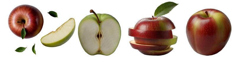 In the image, there is a red apple and a green apple placed on a transparent background, showcasing these fruits vibrant colors and natural freshness photo